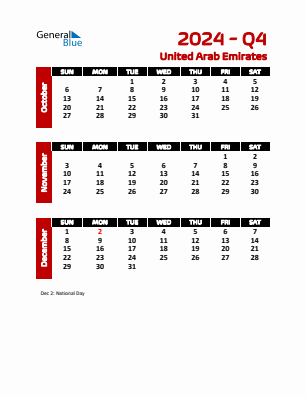 United Arab Emirates Quarter 4  2024 calendar template