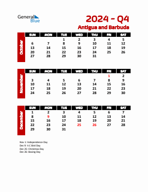 Antigua and Barbuda Quarter 4  2024 calendar template