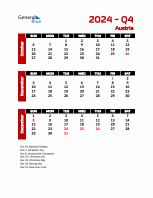 Austria Quarter 4  2024 calendar template