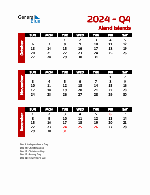 Aland Islands Quarter 4  2024 calendar template