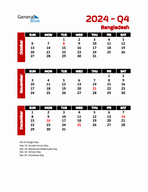 Bangladesh Quarter 4  2024 calendar template