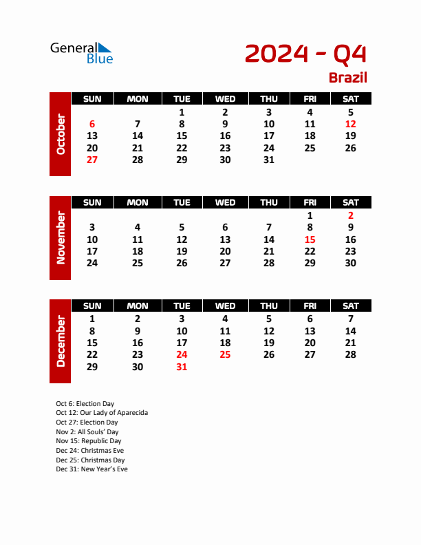 Q4 2024 Quarterly Calendar with Brazil Holidays