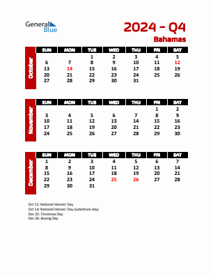 Bahamas Quarter 4  2024 calendar template