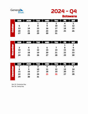 Botswana Quarter 4  2024 calendar template