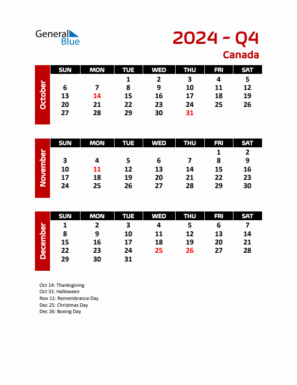 Q4 2024 Quarterly Calendar with Canada Holidays (PDF, Excel, Word)
