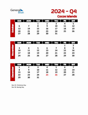 Cocos Islands Quarter 4  2024 calendar template