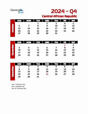 Central African Republic Quarter 4  2024 calendar template