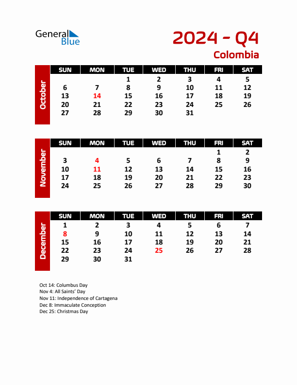 Q4 2024 Quarterly Calendar with Colombia Holidays (PDF, Excel, Word)