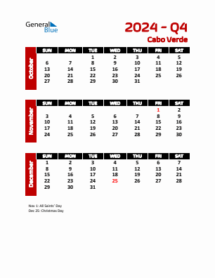 Cabo Verde Quarter 4  2024 calendar template