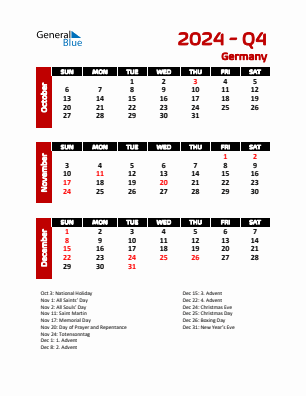 Germany Quarter 4  2024 calendar template