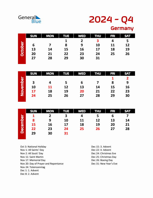 Q4 2024 Quarterly Calendar with Germany Holidays