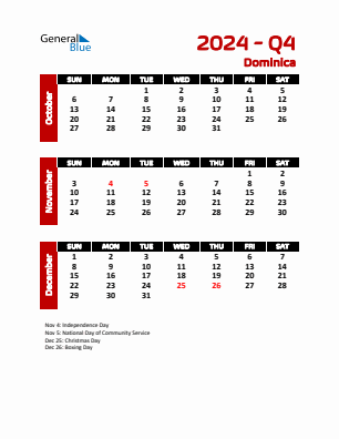 Dominica Quarter 4  2024 calendar template