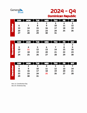 Dominican Republic Quarter 4  2024 calendar template