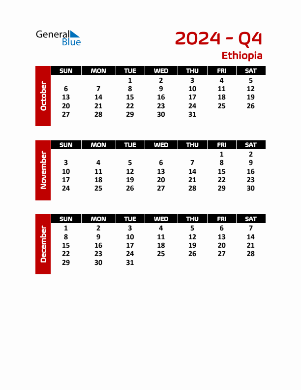Q4 2024 Quarterly Calendar with Ethiopia Holidays