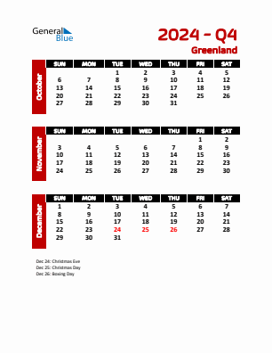 Greenland Quarter 4  2024 calendar template