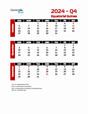 Equatorial Guinea Quarter 4  2024 calendar template