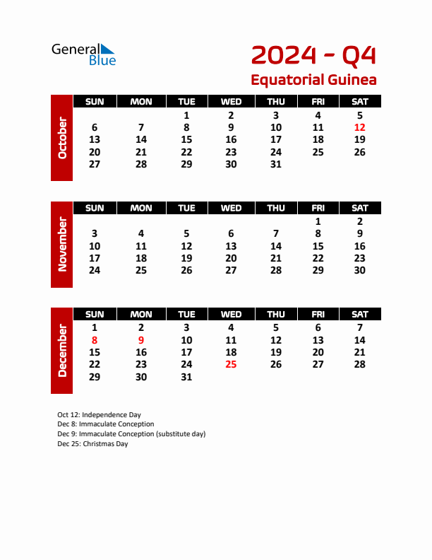 Q4 2024 Quarterly Calendar with Equatorial Guinea Holidays