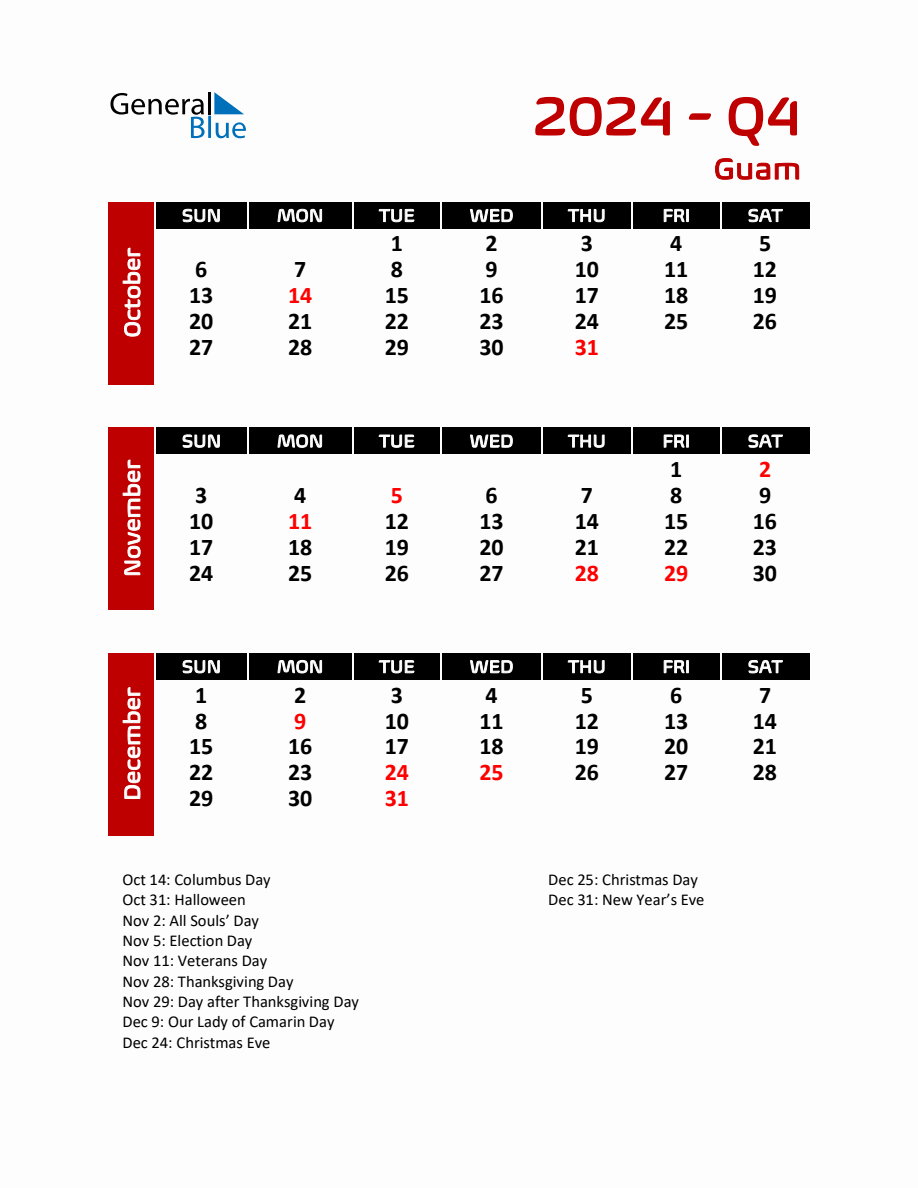 Q4 2024 Calendar with Holidays