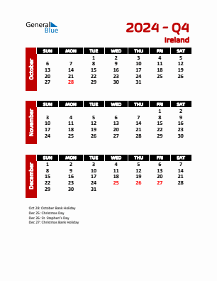 Ireland Quarter 4  2024 calendar template