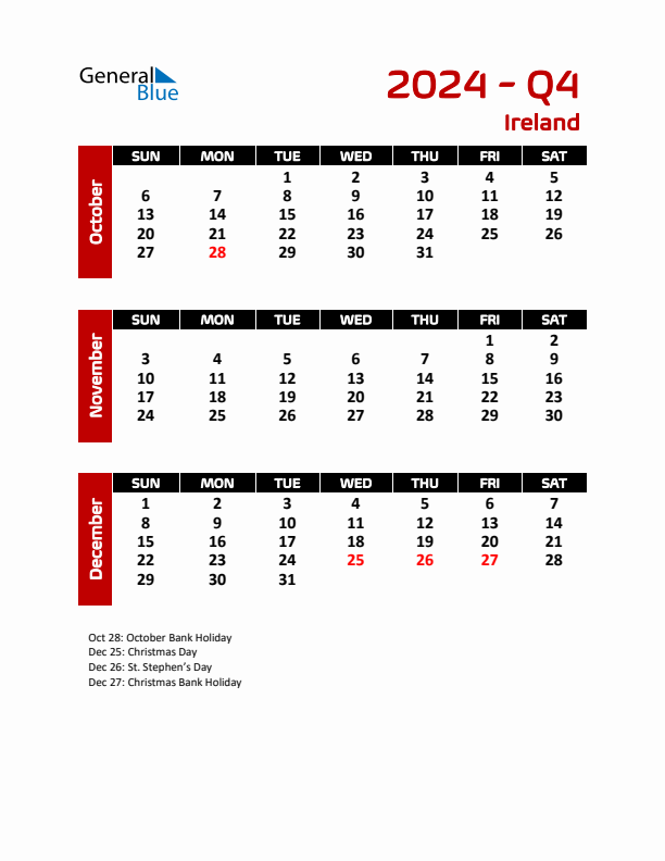 Q4 2024 Quarterly Calendar with Ireland Holidays