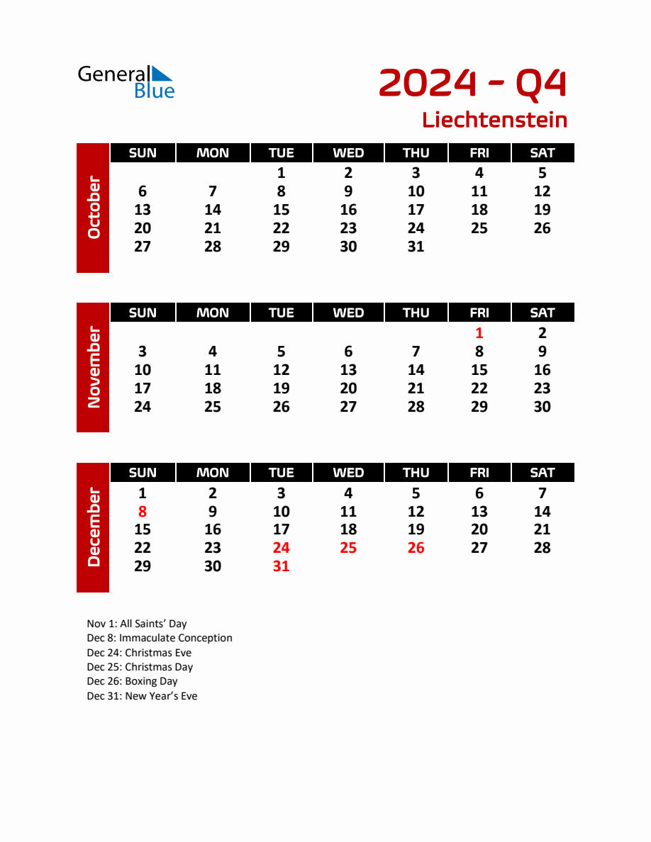 Q4 2024 Calendar with Holidays