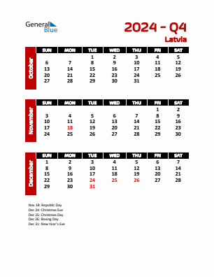 Latvia Quarter 4  2024 calendar template