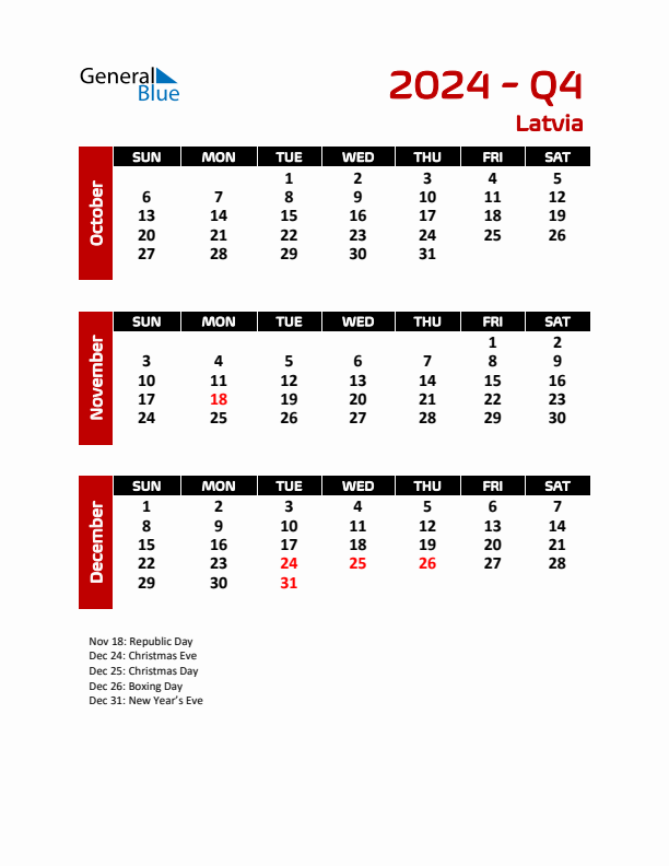 Q4 2024 Quarterly Calendar with Latvia Holidays