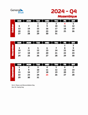 Mozambique Quarter 4  2024 calendar template