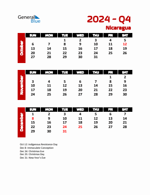 Nicaragua Quarter 4  2024 calendar template