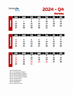 Norway Quarter 4  2024 calendar template