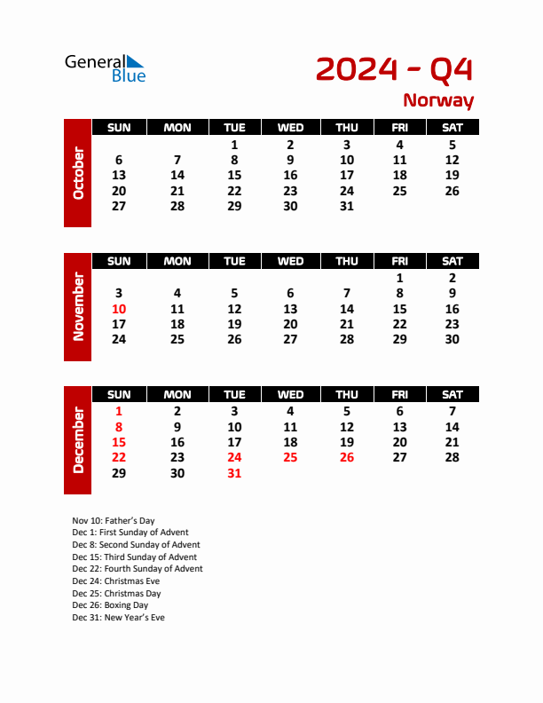 Q4 2024 Quarterly Calendar with Norway Holidays
