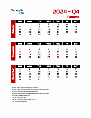 Panama Quarter 4  2024 calendar template