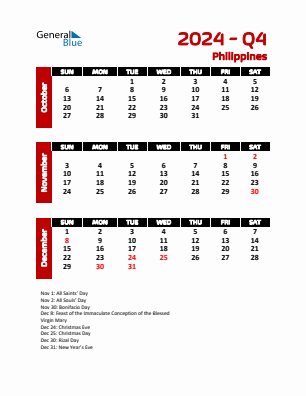 Philippines Quarter 4  2024 calendar template