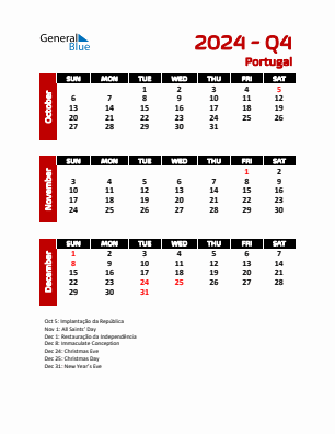 Portugal Quarter 4  2024 calendar template