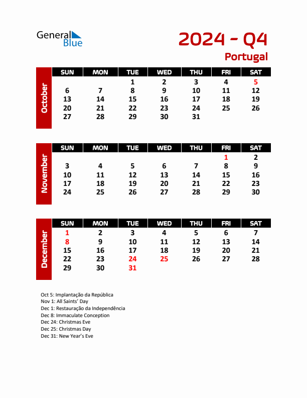Q4 2024 Calendar with Holidays