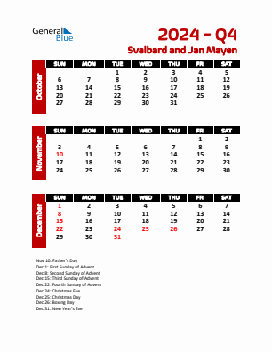 Svalbard and Jan Mayen Quarter 4  2024 calendar template