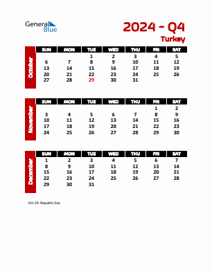 Turkey Quarter 4  2024 calendar template