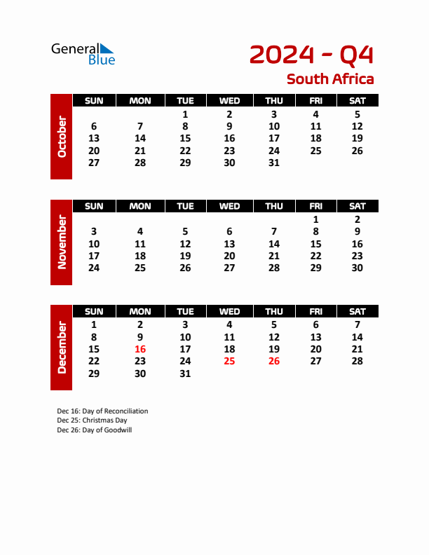 Q4 2024 Quarterly Calendar with South Africa Holidays