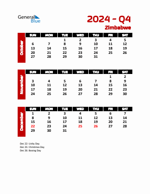 Zimbabwe Quarter 4  2024 calendar template