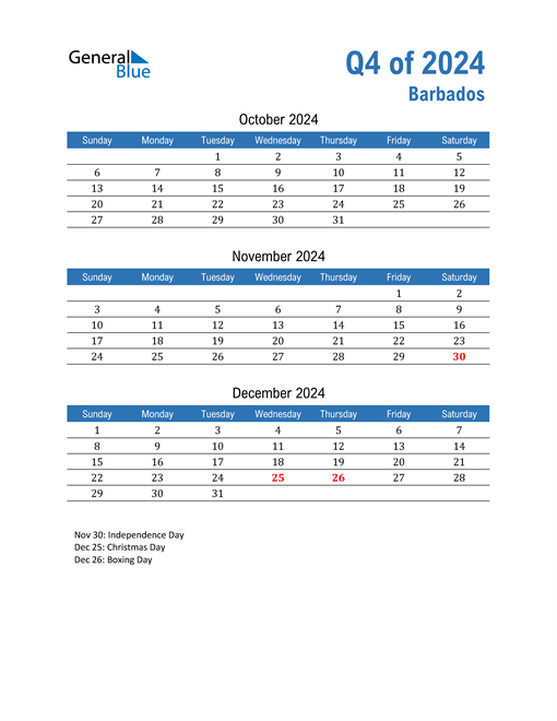 Q4 2024 Quarterly Calendar with Barbados Holidays