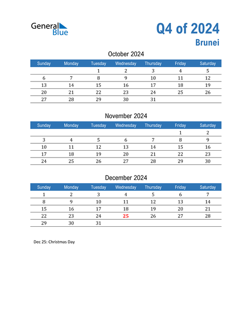  Brunei 2024 Quarterly Calendar 