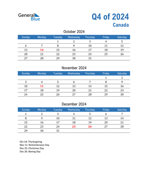 Q4 2024 Quarterly Calendar with Canada Holidays