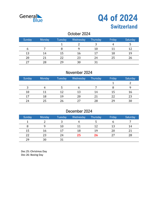 Q4 2024 Quarterly Calendar with Switzerland Holidays