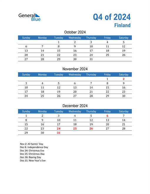  Finland 2024 Quarterly Calendar 