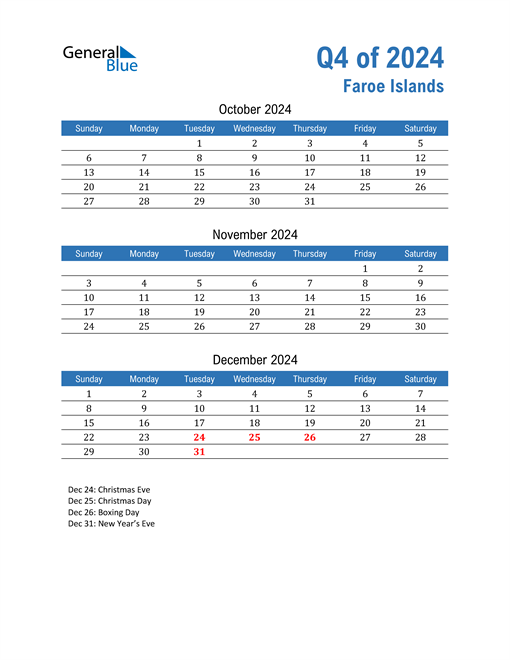 Q4 2024 Quarterly Calendar with Faroe Islands Holidays