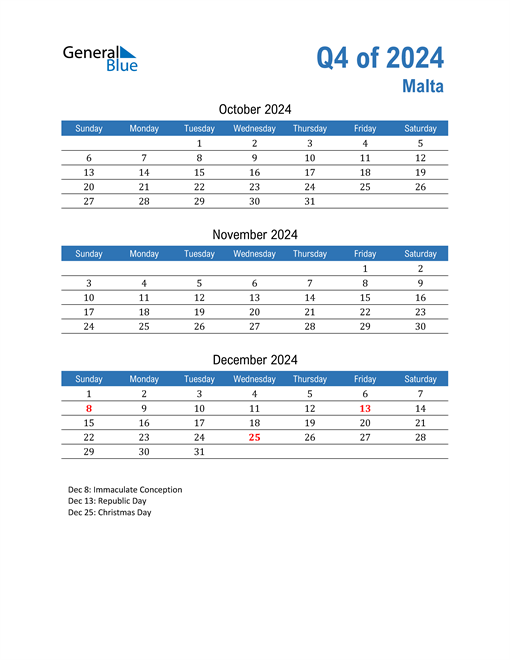  Malta 2024 Quarterly Calendar 