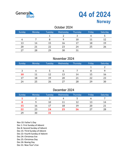 Q4 2024 Quarterly Calendar for Norway