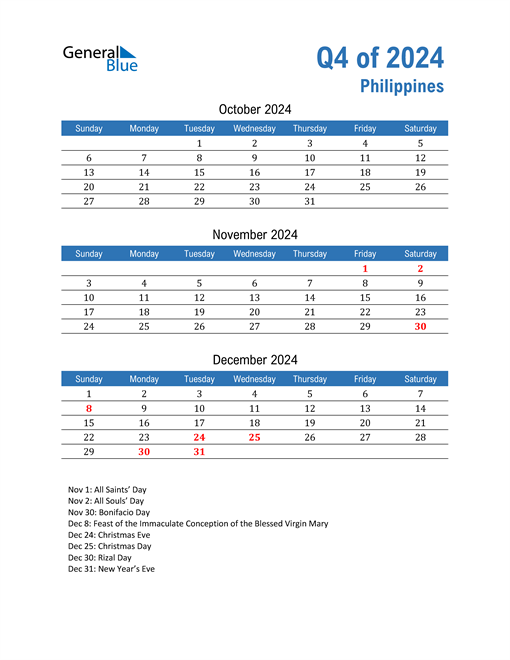 Q4 2024 Quarterly Calendar with Philippines Holidays