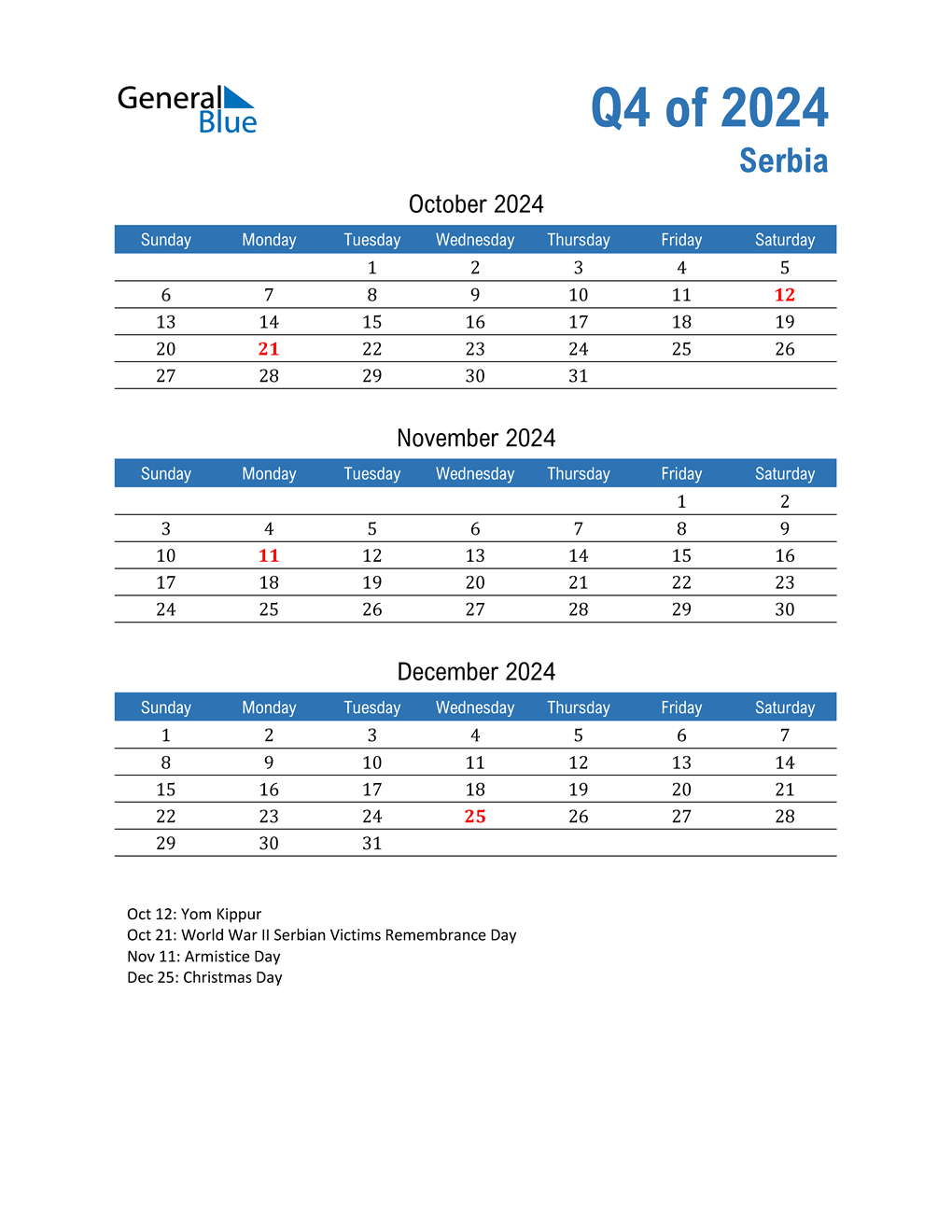  Serbia 2024 Quarterly Calendar 