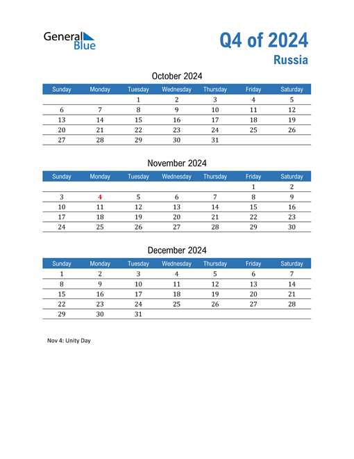  Russia 2024 Quarterly Calendar 